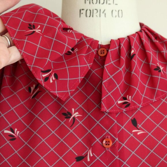 Vintage 1980s Blouse, Koret of California Red Windowpane Check Top with Ruffle - Picture 3 of 10